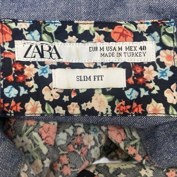 Zara Man Mens Size Medium Slim Fit Button Down Shirt Long Sleeve Black Floral - Picture 7 of 8